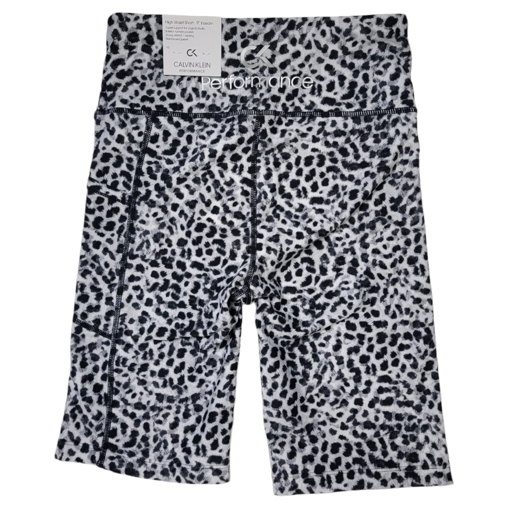 Calvin Klein High Waist 9 Inch Black White Waterspot Print Yoga Bike Short - Picture 2 of 8